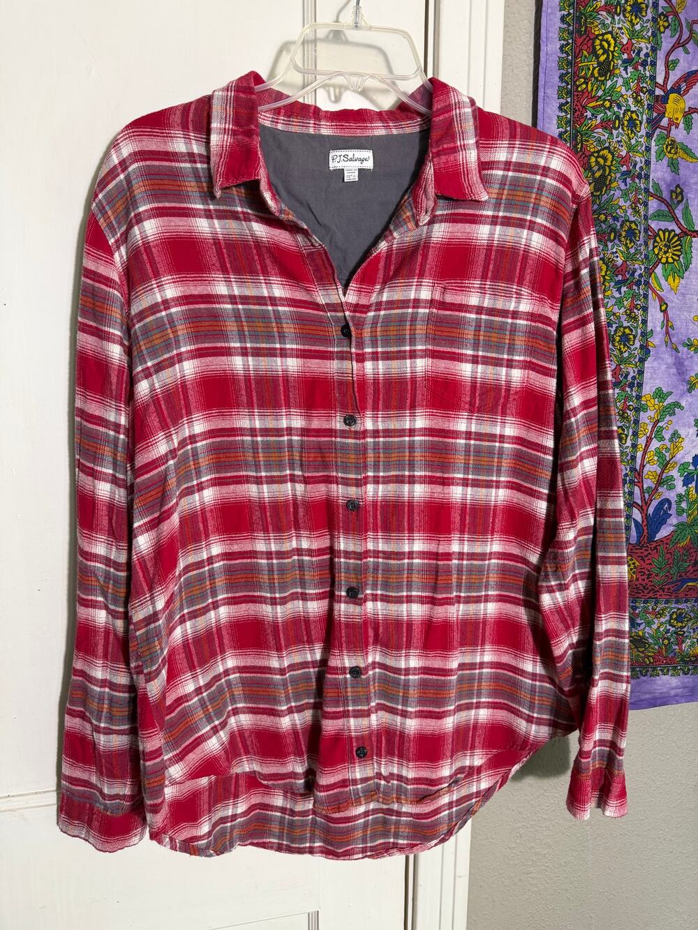 PJ Salvage Red Plaid Flannel Button Up Shirt Large Soft Casual Long Sleeve